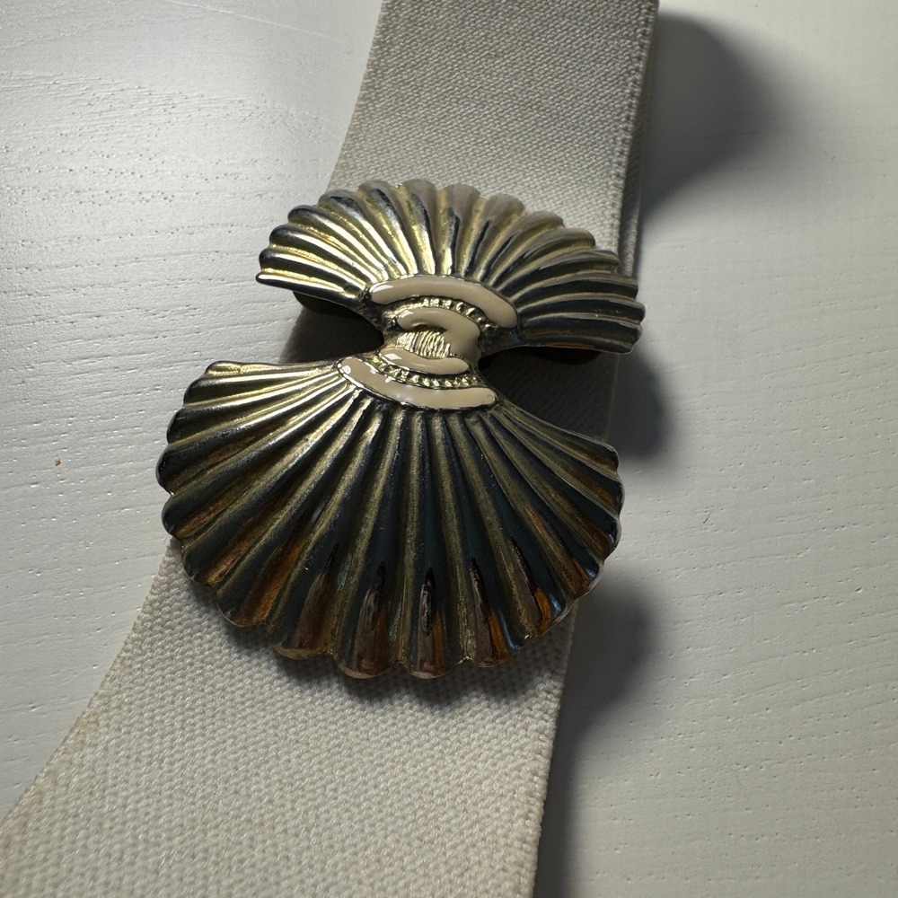 Vtg‎ 80s Seashell Buckle Stretchy Elastic Cinch Belt Gold Tone Nautical Coastal